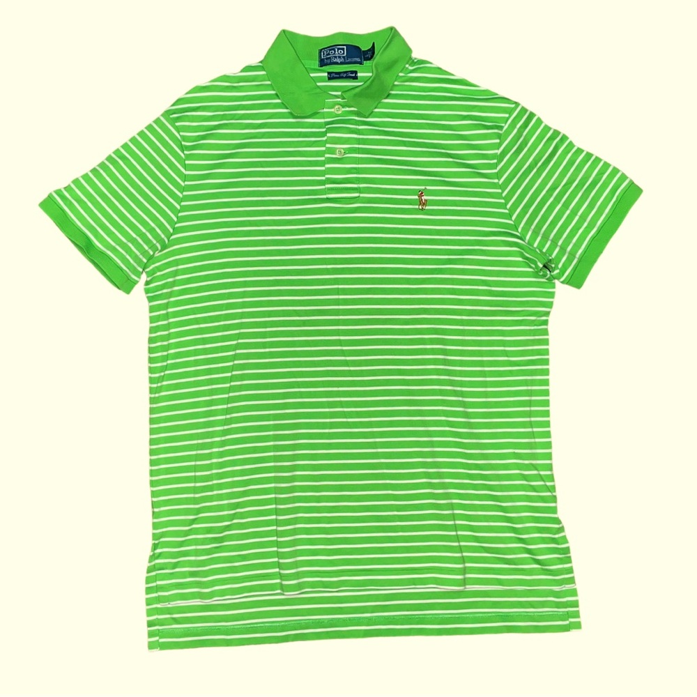 Polo by Ralph Lauren Mens Large Lime Green Stripe Pima Cotton Short Sleeve Polo